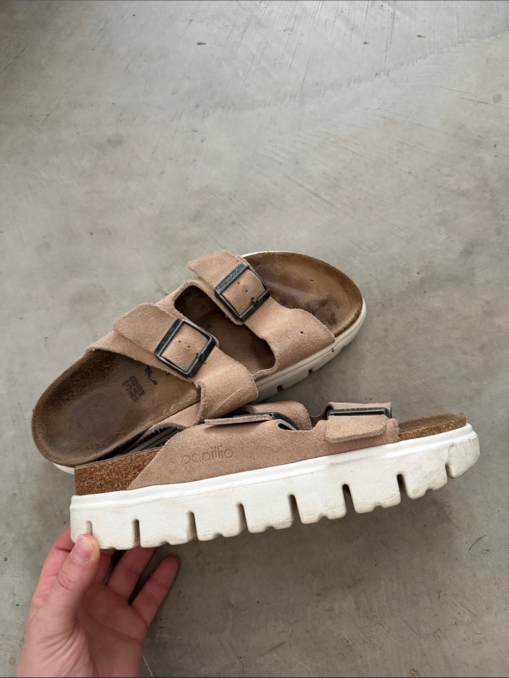 Papillio Suede Double-Buckle Sandal in Taupe with White Sole